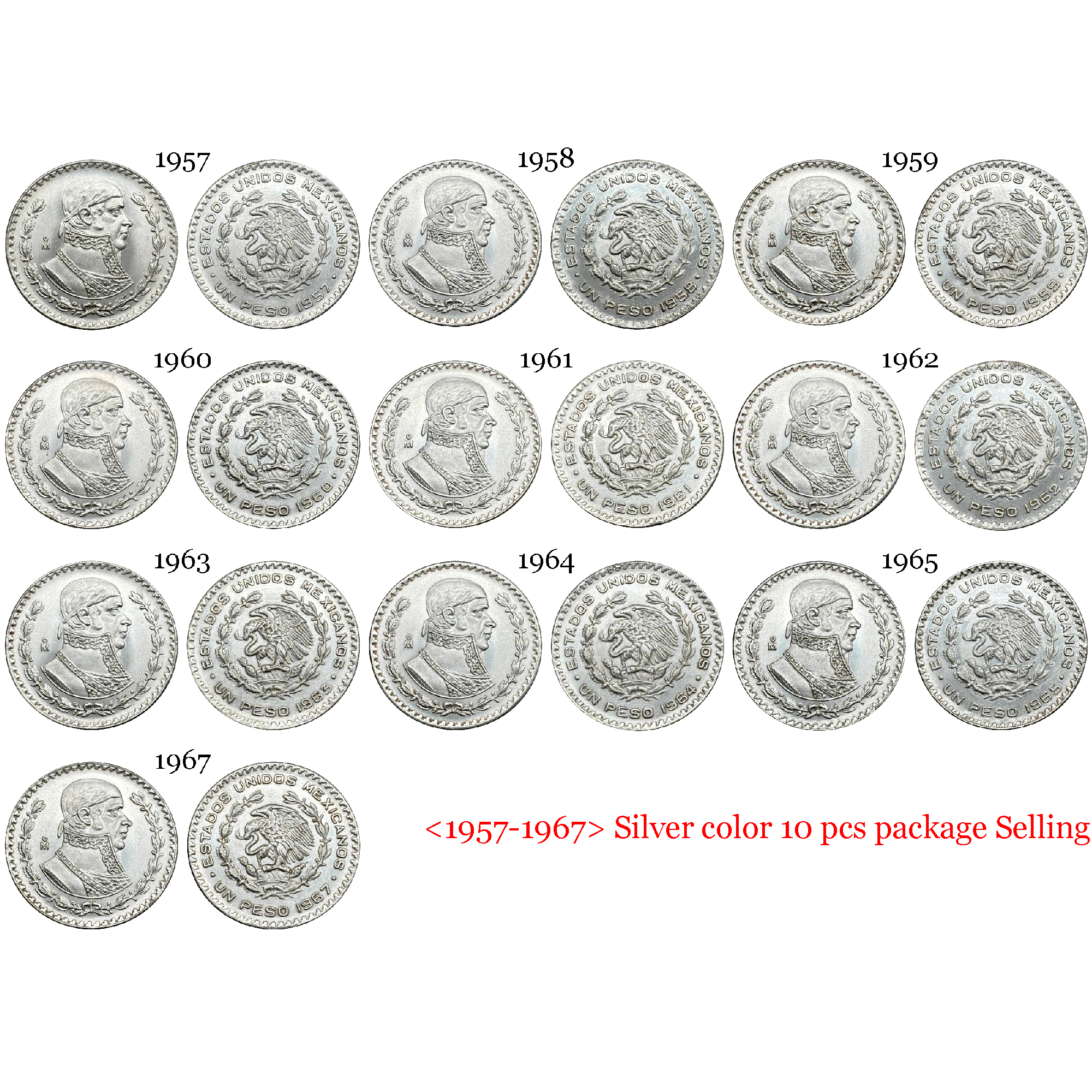 Mexico Republic 1 UN Peso Tepalcate 1957-1967 10 Pcs Silver Plated Replica Coin Commemorative Medal,Historical Collectible Art Craft For Enthusiasts