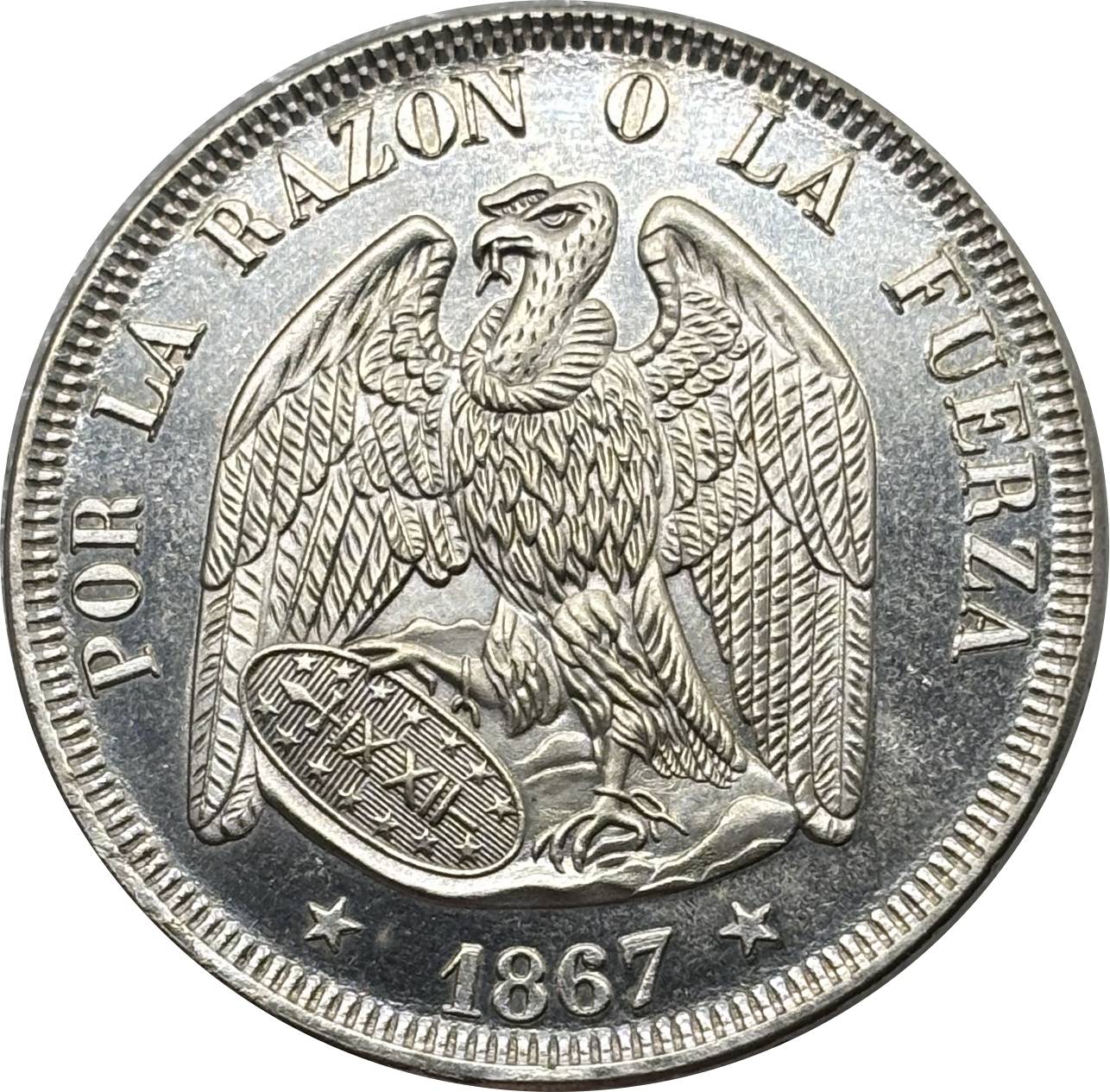 Chile Republic 1867 1 Peso Por La Razon O La Fuerza Silver Plated Replica Coin Commemorative Medal,Historical Collectible Art Craft For Enthusiasts