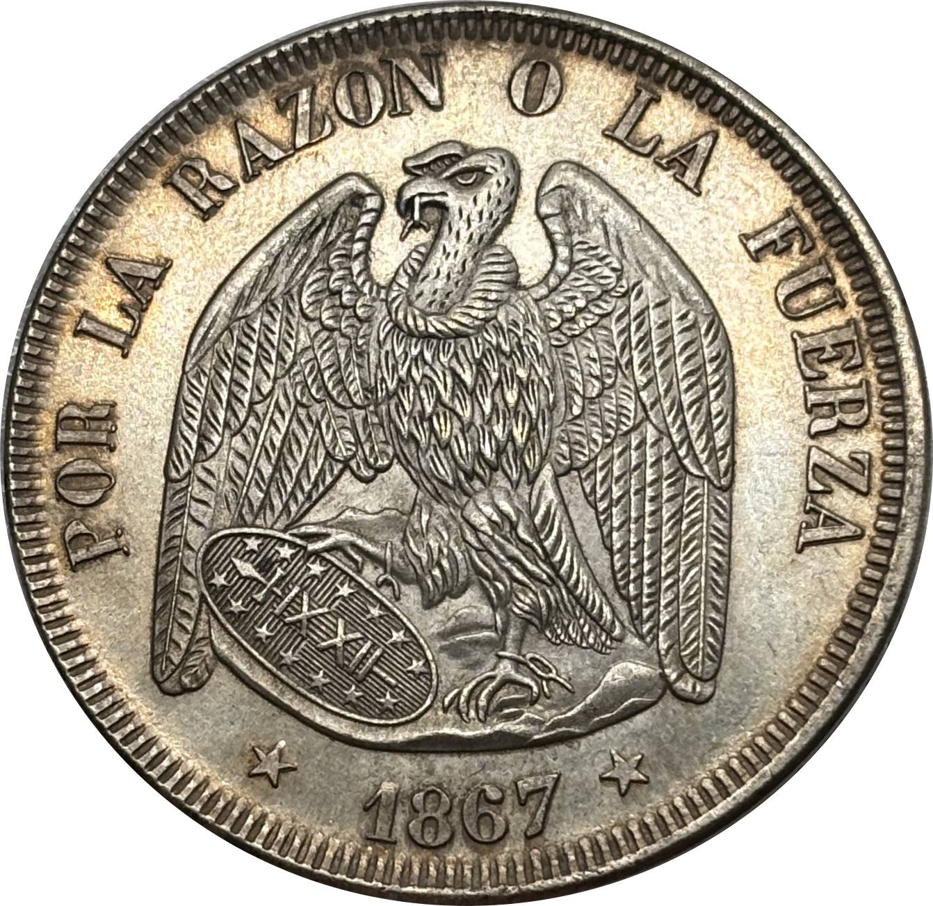 Chile Republic 1867 1 Peso Por La Razon O La Fuerza Silver Plated Replica Coin Commemorative Medal,Historical Collectible Art Craft For Enthusiasts