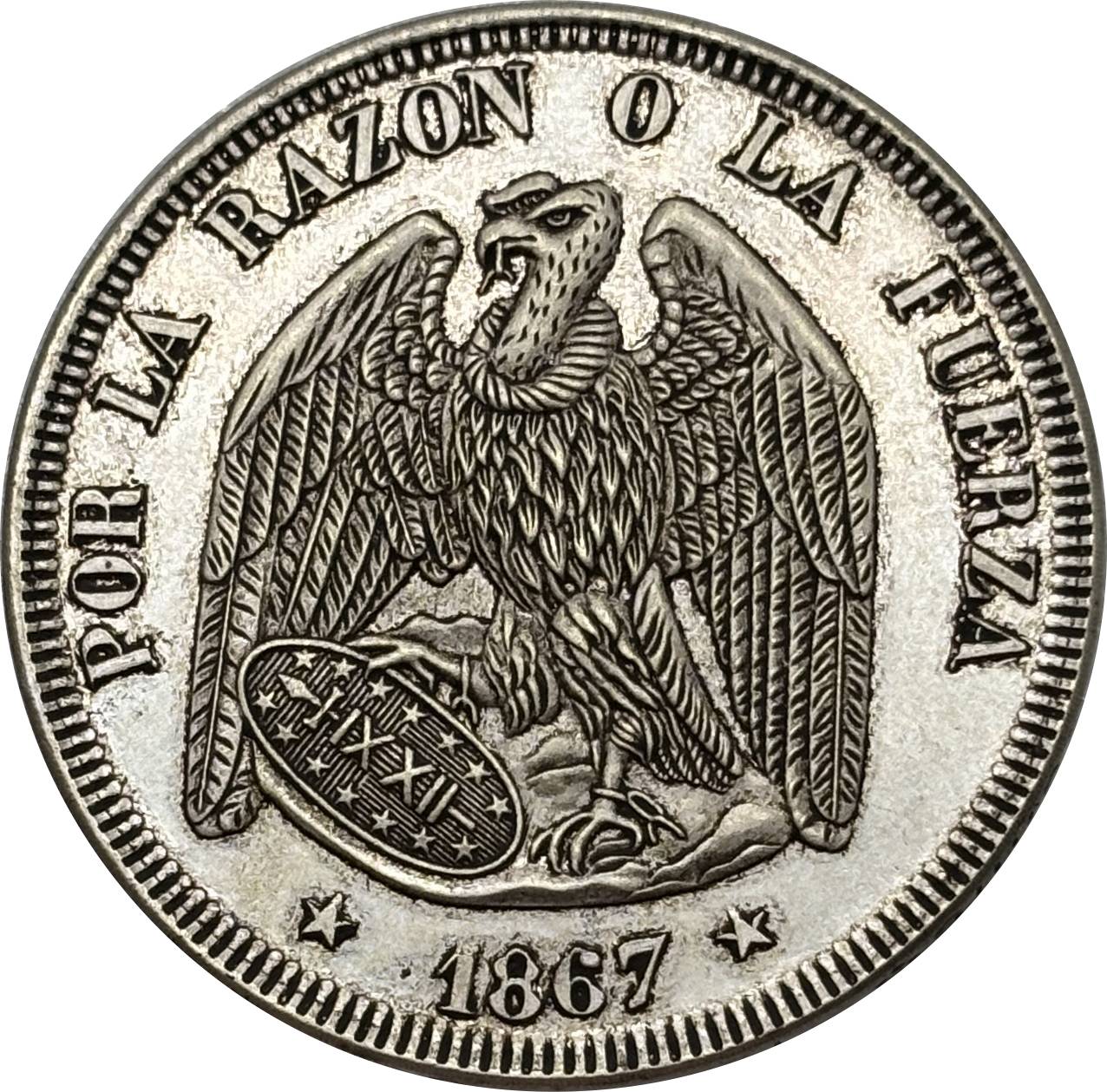 Chile Republic 1867 1 Peso Por La Razon O La Fuerza Silver Plated Replica Coin Commemorative Medal,Historical Collectible Art Craft For Enthusiasts