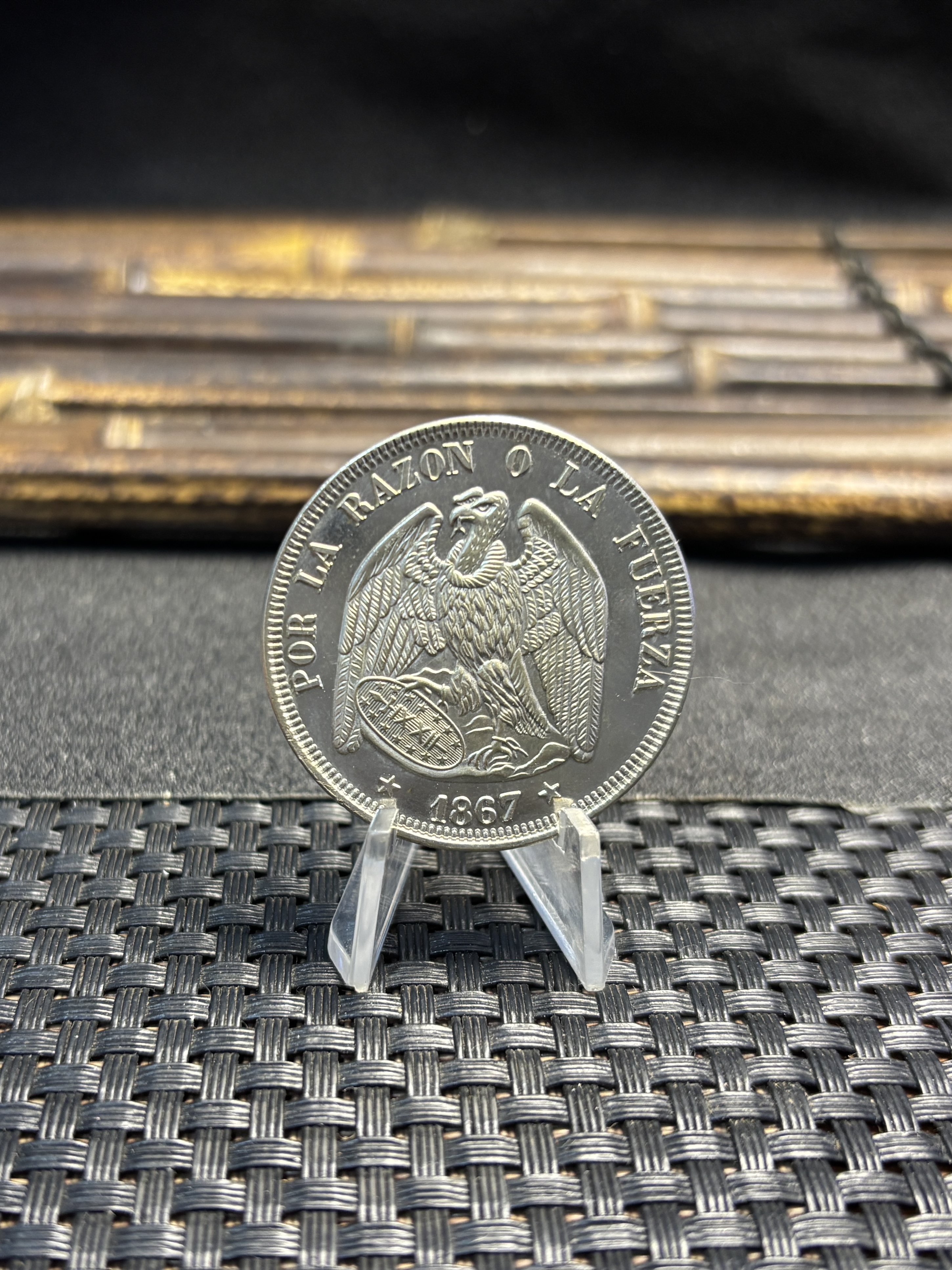 Chile Republic 1867 1 Peso Por La Razon O La Fuerza Silver Plated Replica Coin Commemorative Medal,Historical Collectible Art Craft For Enthusiasts