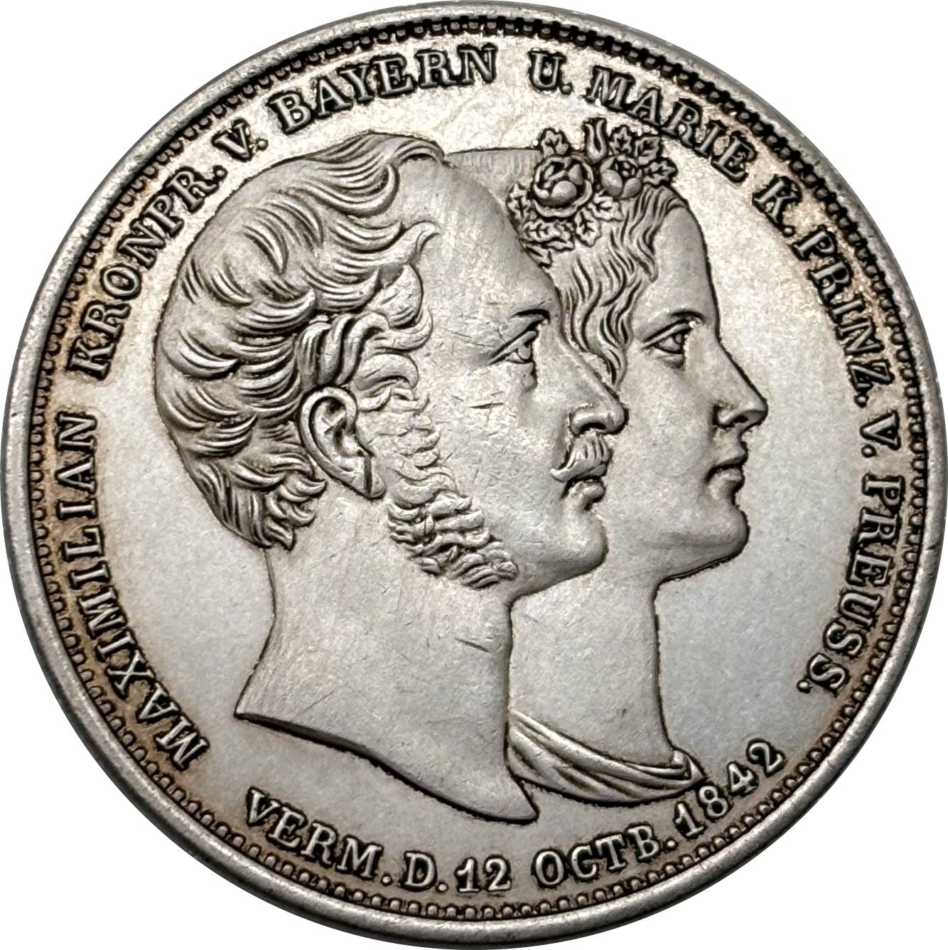 German States Kingdom of Bavaria 2 Thaler 3 1/2 Gulden Ludwig I Marriage 1842 Plated Silver Replica Coin Commemorative Medal,Historical Collectible Art Craft For Enthusiasts