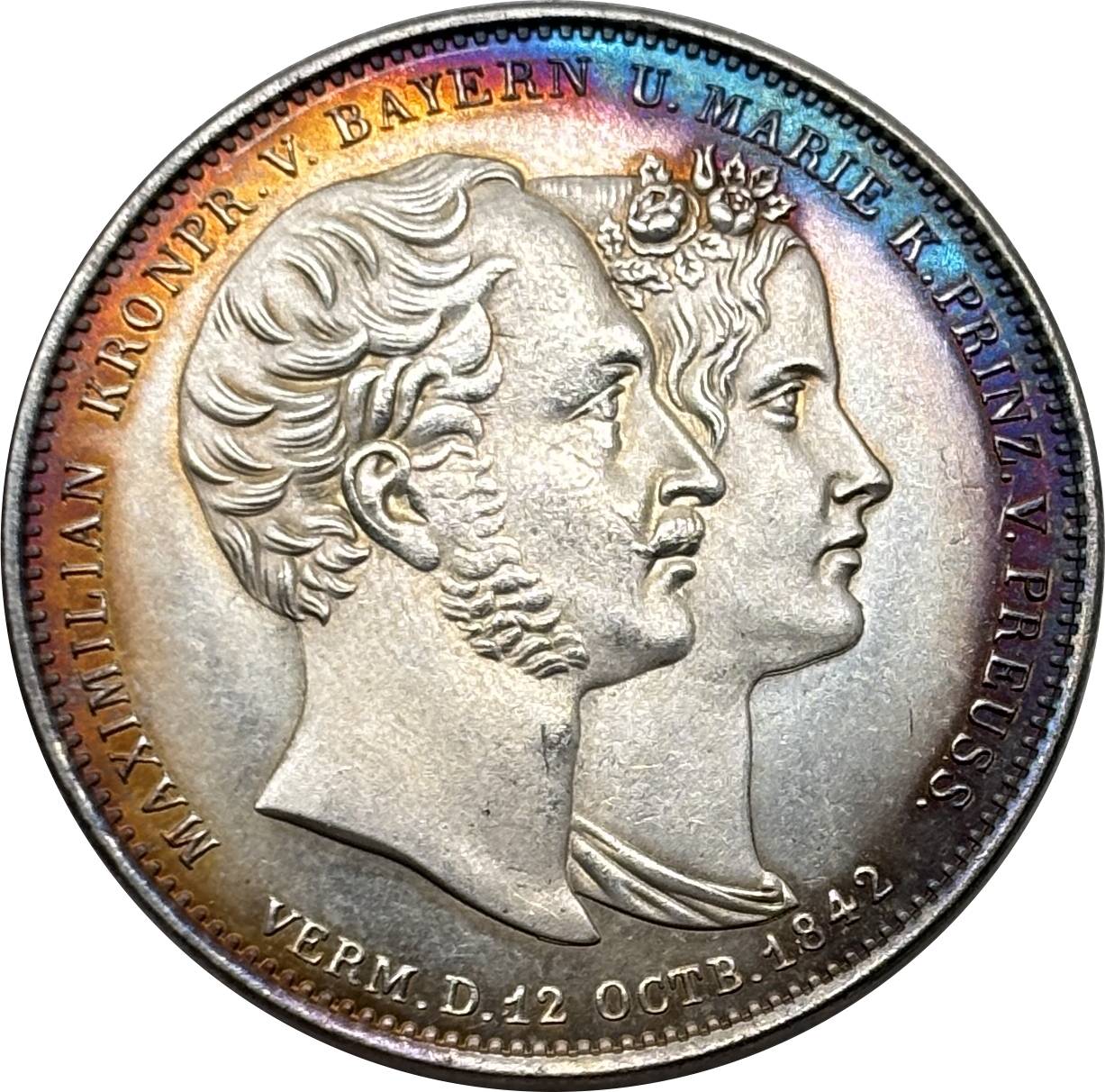 German States Kingdom of Bavaria 2 Thaler 3 1/2 Gulden Ludwig I Marriage 1842 Plated Silver Replica Coin Commemorative Medal,Historical Collectible Art Craft For Enthusiasts