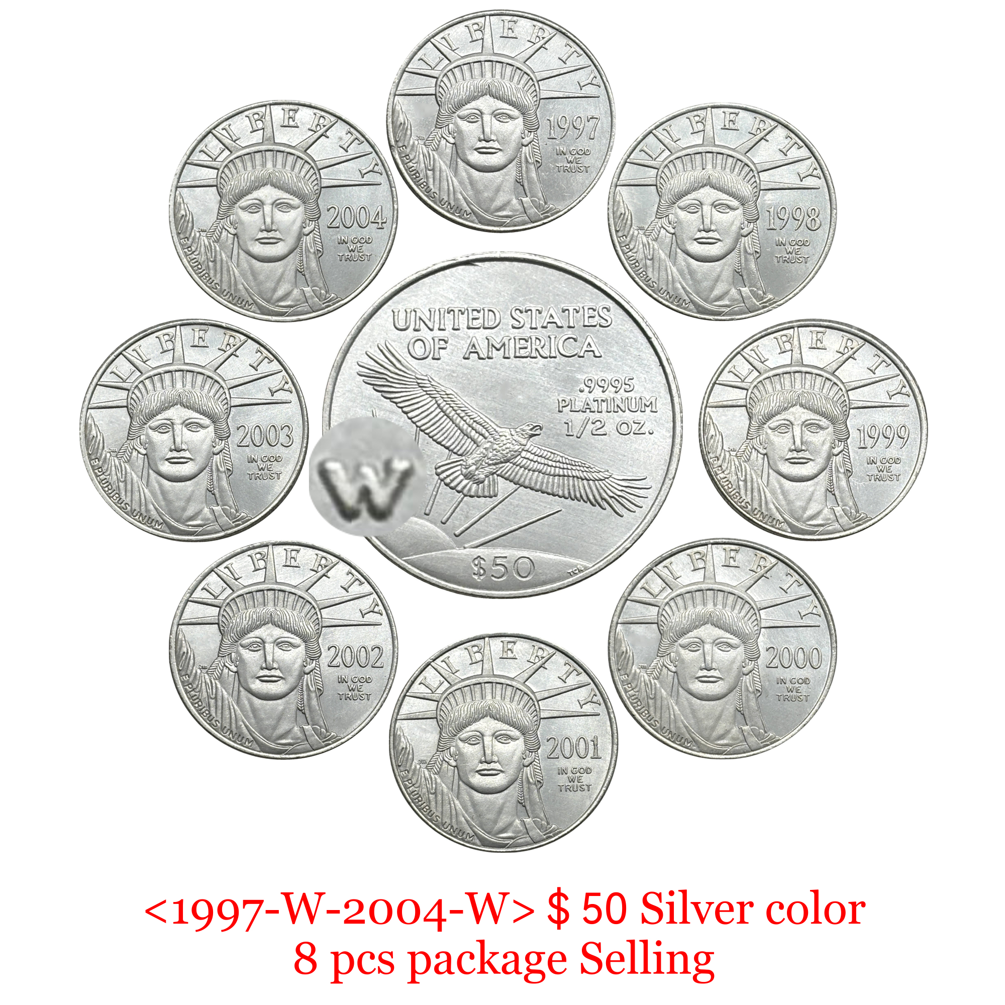 United States 1997-2004 16 Pcs 1997-2004 8 Pcs 1997-2004 W 8 Pcs Package Sell Liberty 50 Dollars American Platinum Eagle US Silver Plated Replica Coin Commemorative Medal,Historical Collectible Art Craft For Enthusiasts