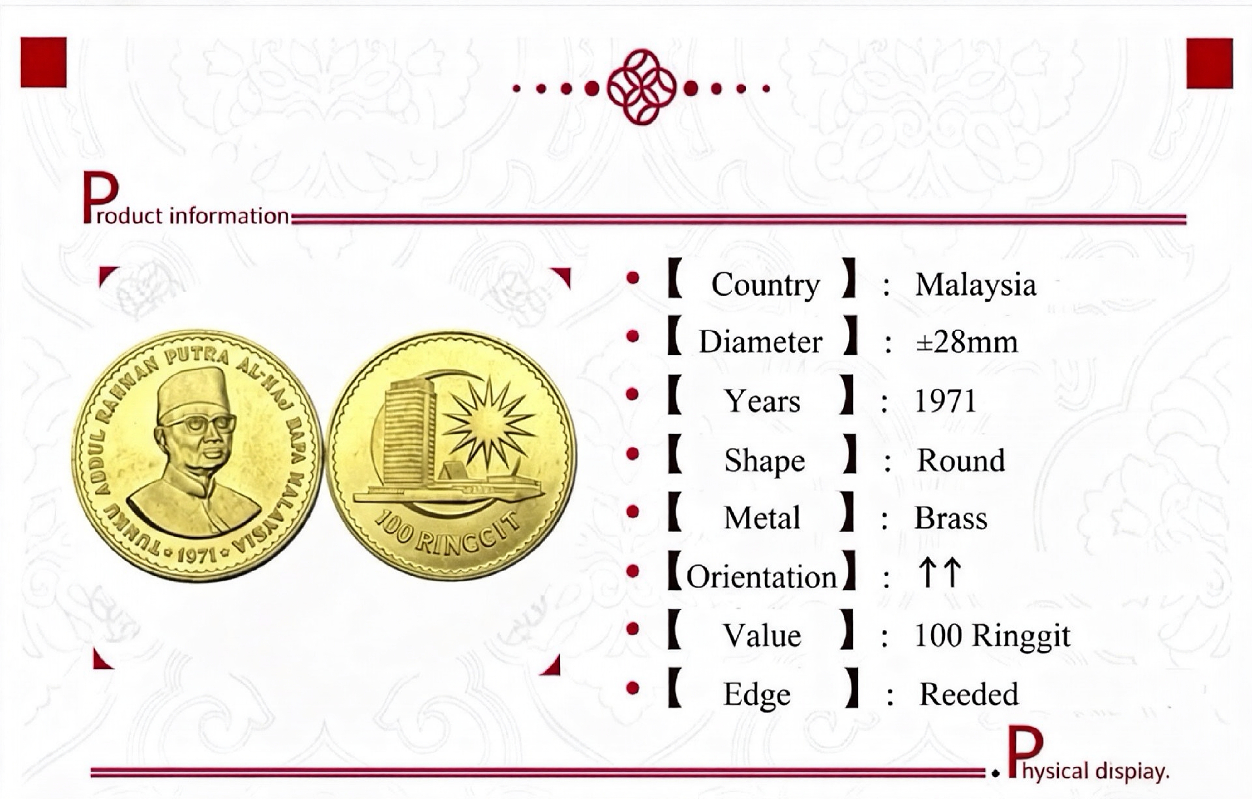 Malaysia 1971 Tunku 100 Ringgit Rahman Abdul Putra Gold Plated Brass Metal Replica Commemorative Coin Collection Coins Commemorative Medal,Historical Collectible Art Craft For Enthusiasts