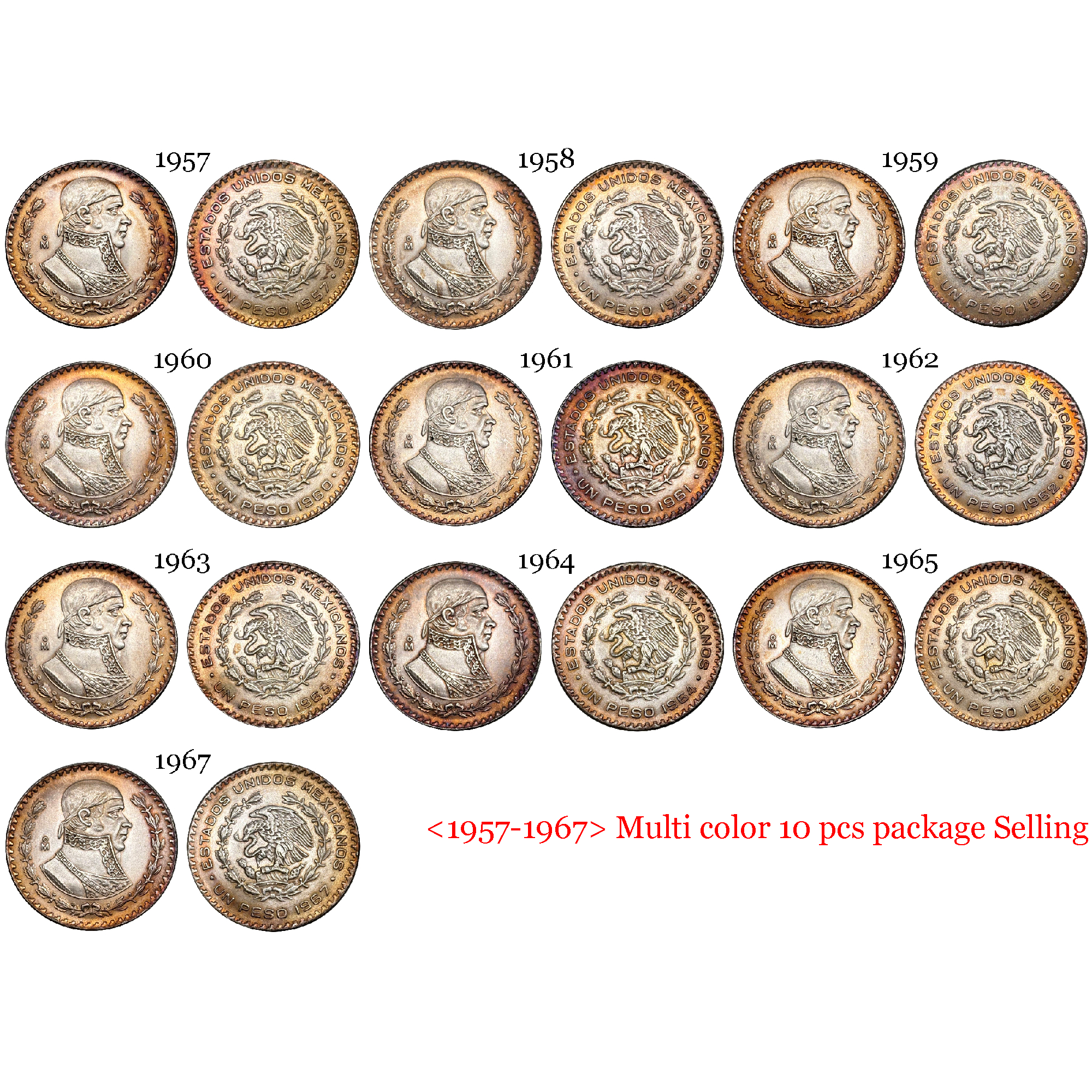 Mexico Republic 1 UN Peso Tepalcate 1957-1967 10 Pcs Silver Plated Replica Coin Commemorative Medal,Historical Collectible Art Craft For Enthusiasts