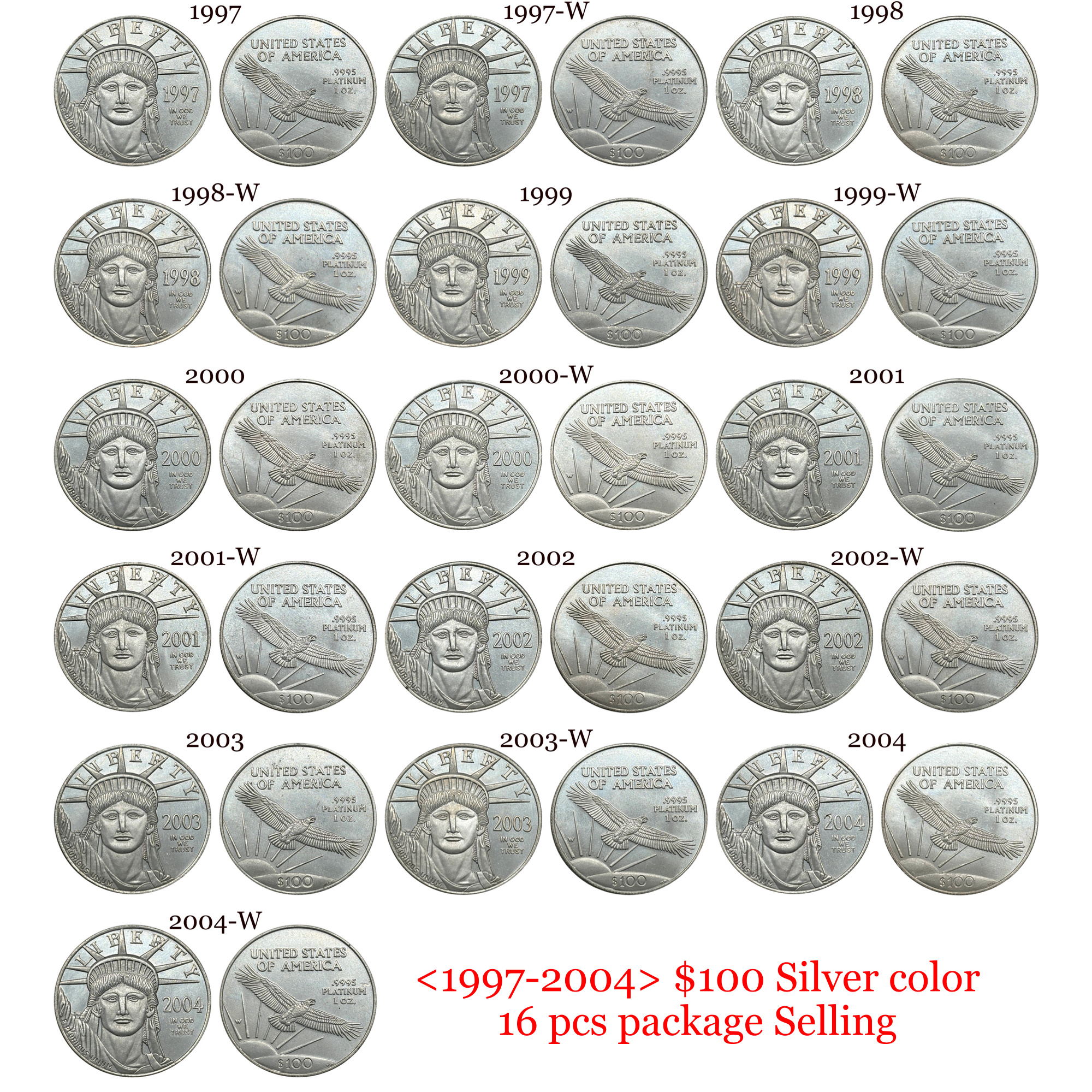United States 1997-2004 16 Pcs 1997-2004 8 Pcs 1997-2004 W 8 Pcs Liberty 100 Dollars American Platinum Eagle US Silver Plated Replica Coin Commemorative Medal,Historical Collectible Art Craft For Enthusiasts