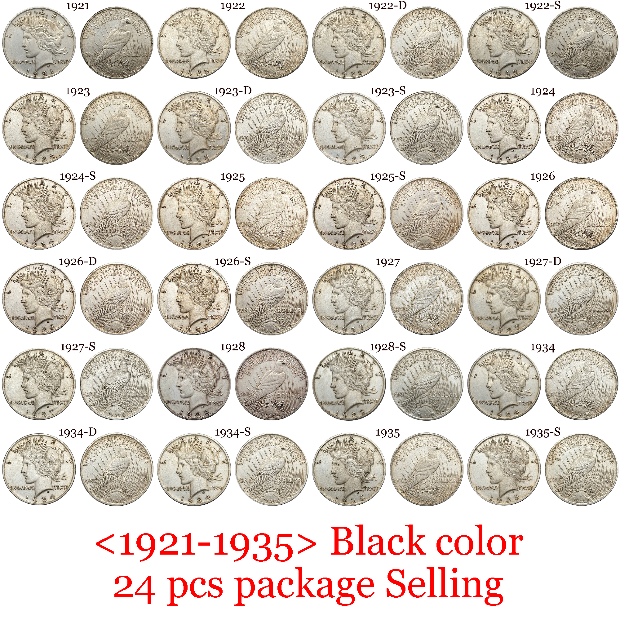 United States America US 1921- 1935 24 Pcs 1921-1935  No Mint 10 Pcs 1921-1935 D 5 Pcs 1921-1935 S 9 Pcs Sell 1 One Peace Dollar Liberty Silver Plated Replica Coin Commemorative Medal,Historical Collectible Art Craft For Enthusiasts