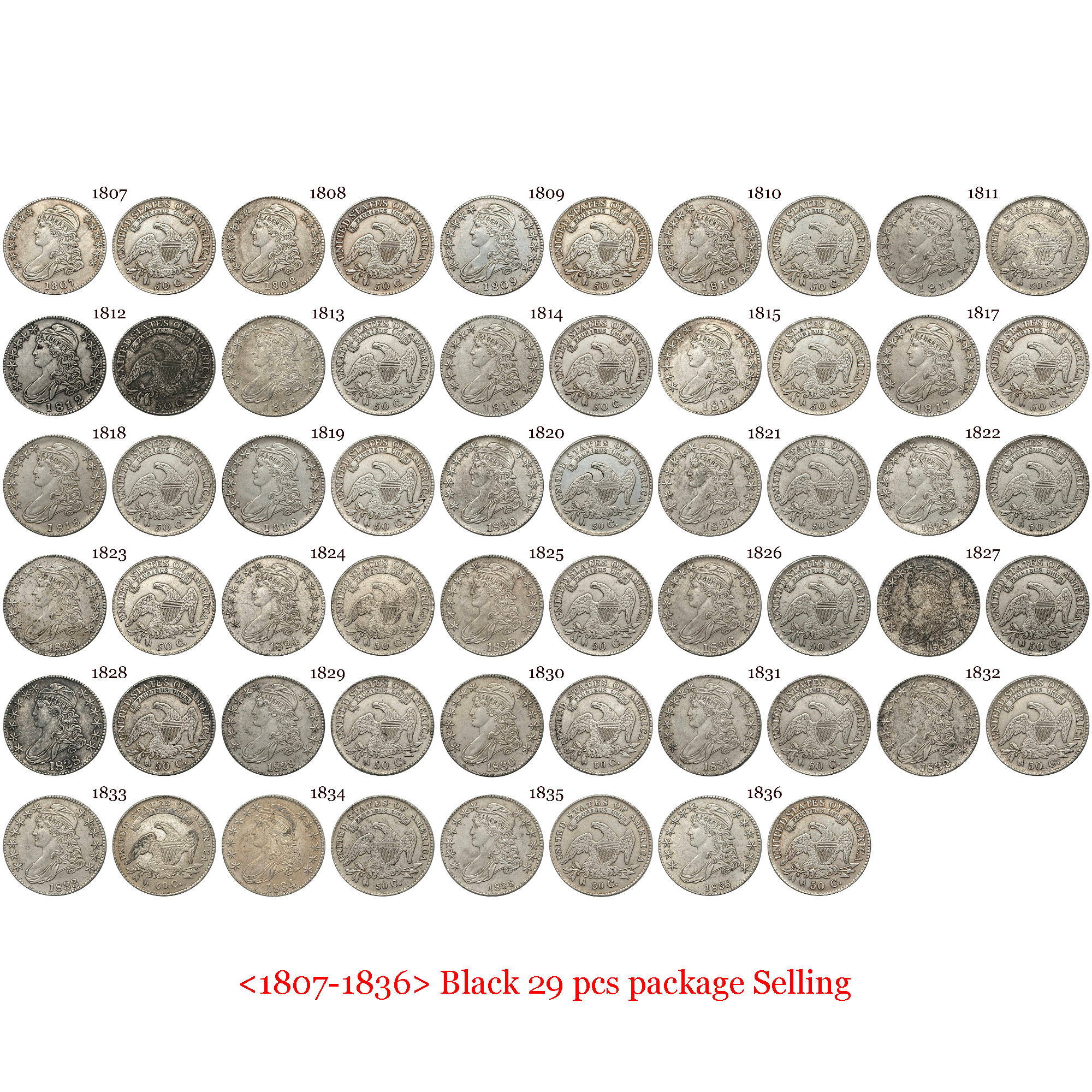 US 1807-1836 29 Pcs Package Sell United States 50 Cents ½ Half Dollar Liberty Capped Bust Silver Plated Metal Replica Coin Commemorative Medal,Historical Collectible Art Craft For Enthusiasts