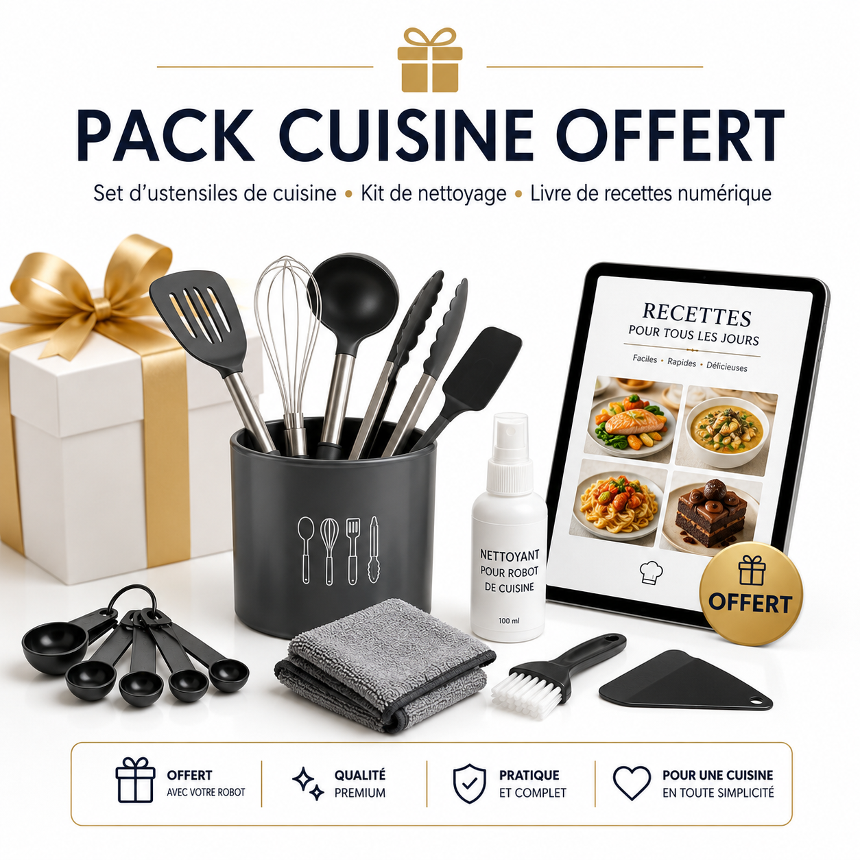 Pack Cuisine Offert – Ustensiles, Kit de Nettoyage & Livre de Recettes