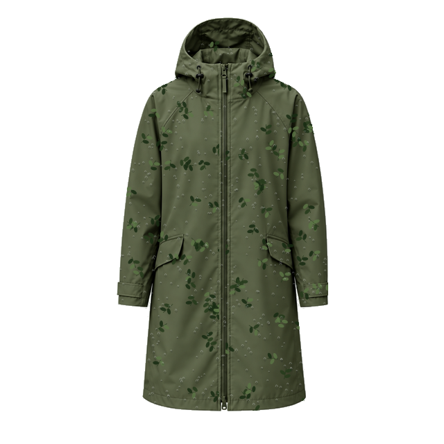Water-Reactive Botanical Long Raincoat — Olive fully wet patterned state