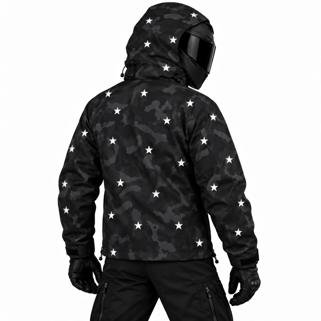 Night Shard reflective camo tech jacket rear view with five-point stars