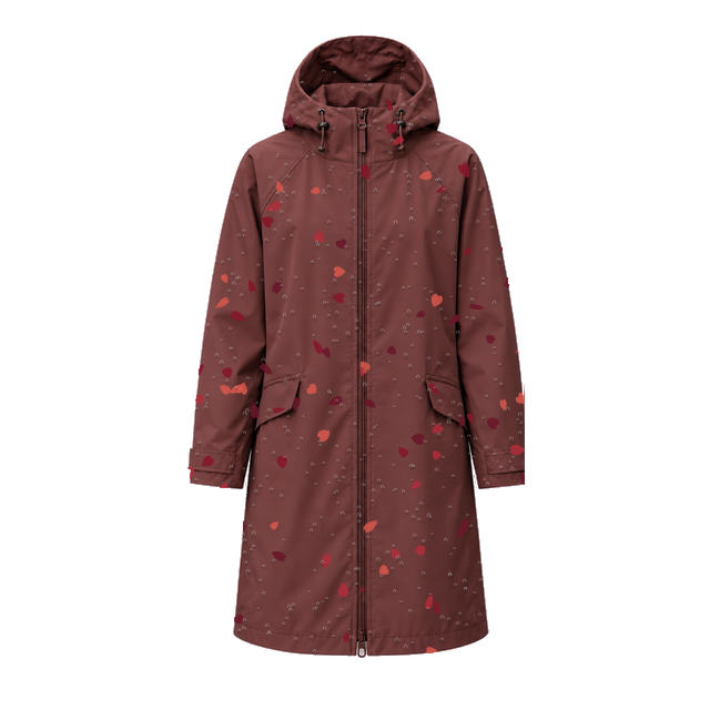 Water-Reactive Petal Long Raincoat — Wine fully wet patterned state