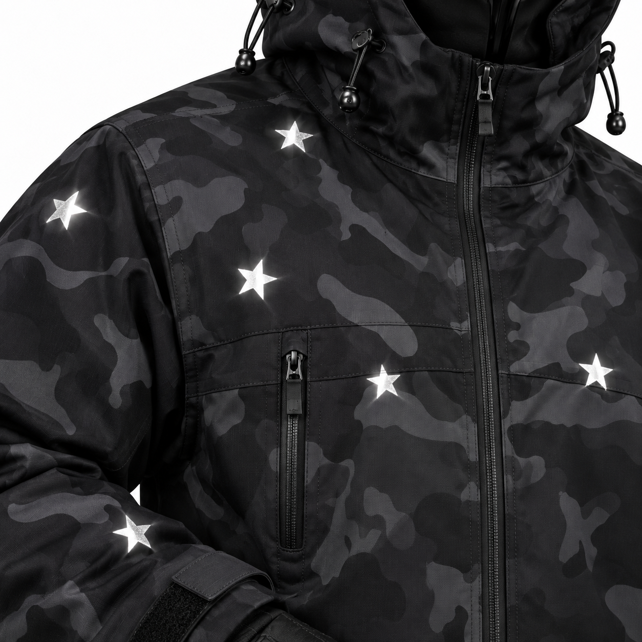 Night Shard jacket reflective five-point star and shell construction detail