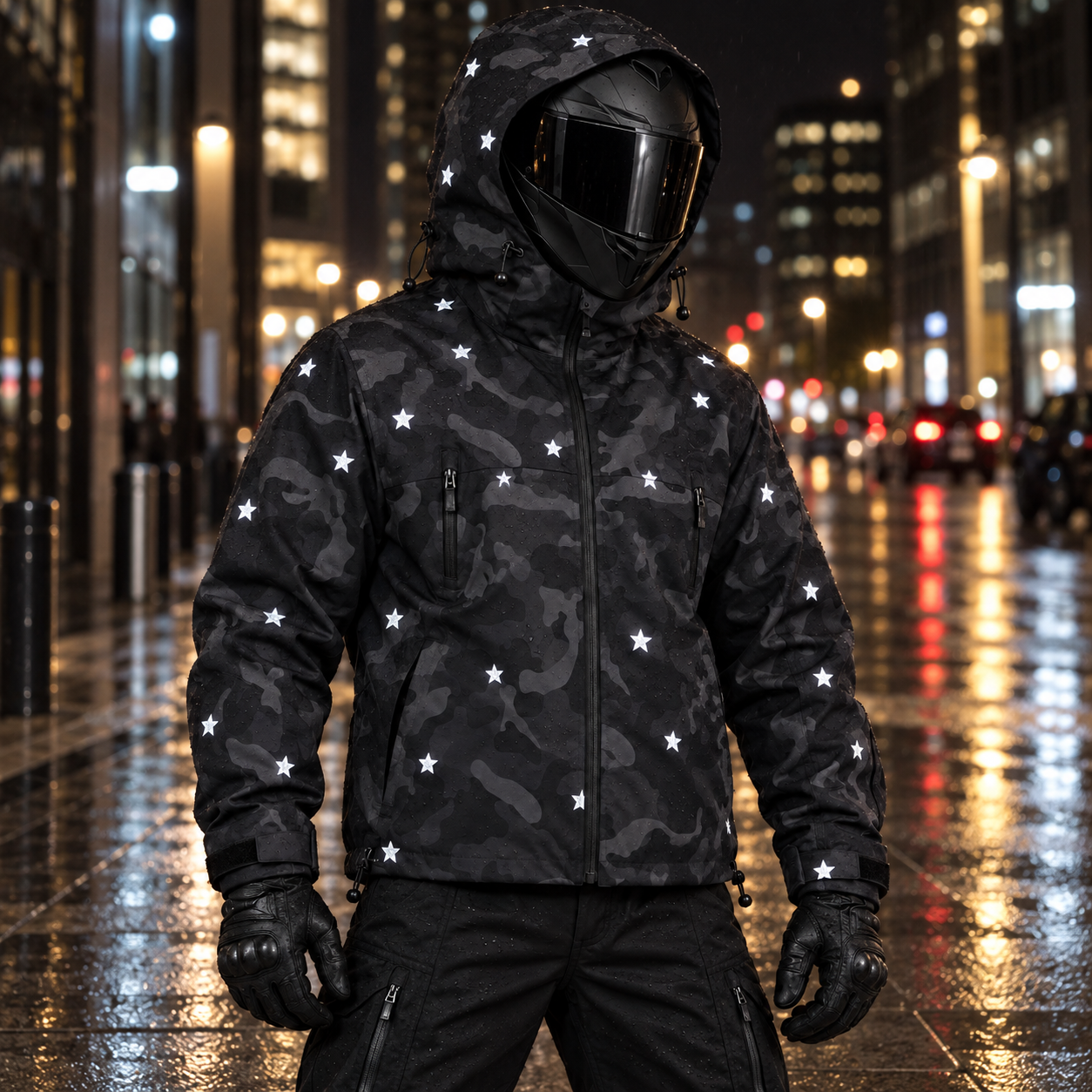 Night Shard reflective five-point star camo jacket worn at night