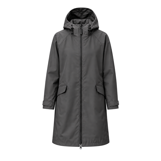 Water-Reactive Constellation Long Raincoat — Charcoal dry state