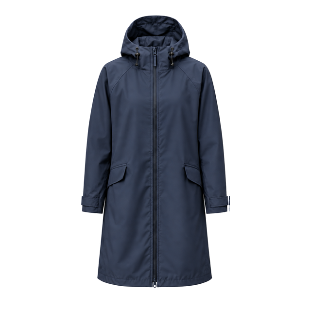 Water-Reactive Ripple Long Raincoat — Navy dry state