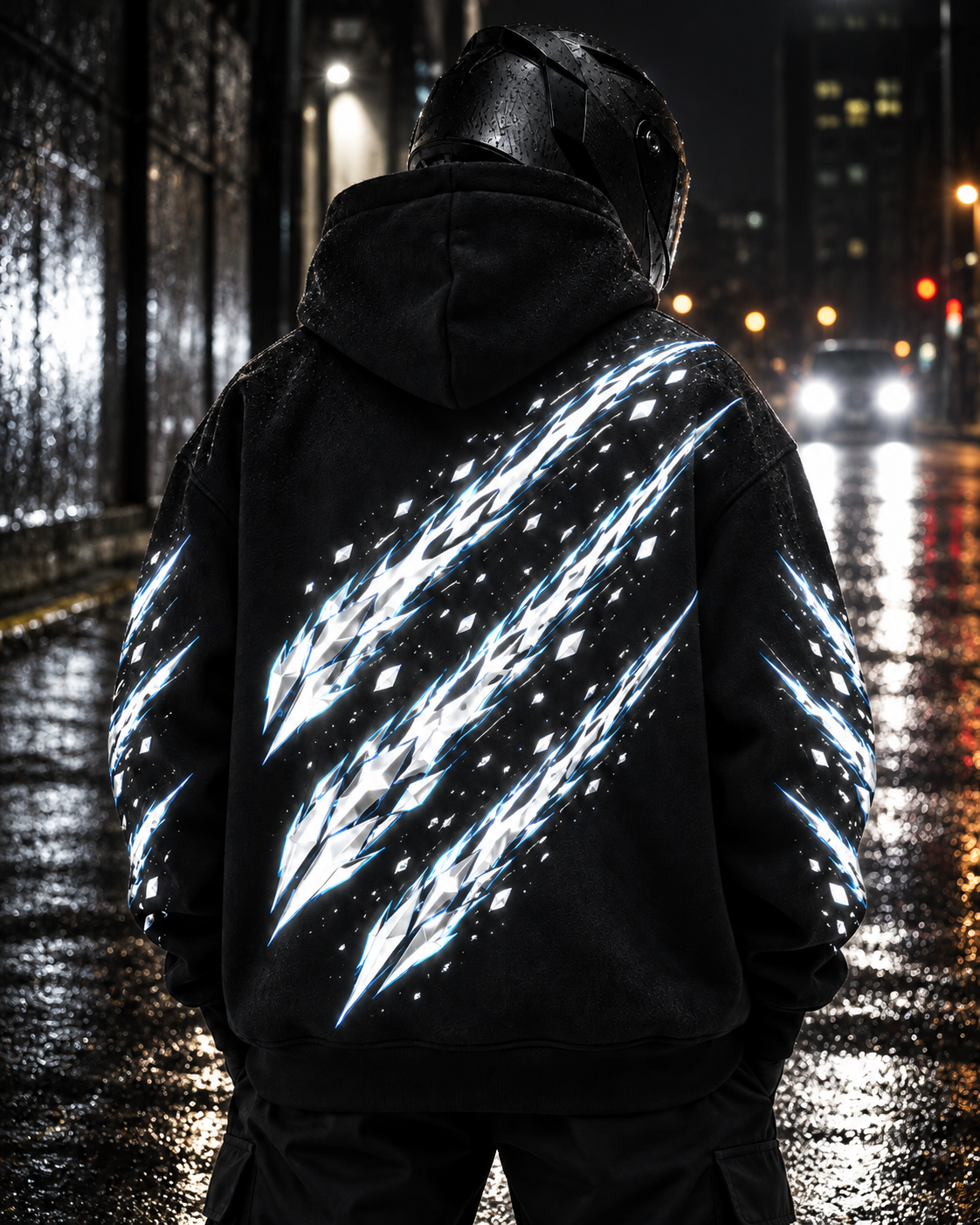 Meteor Trail Reflective Hoodie reflective artwork illuminated at night