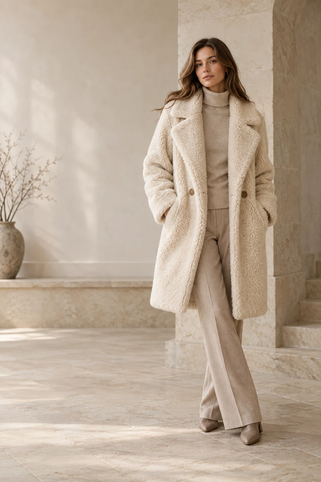 LOREVAI winter editorial featuring a cream textured jacket