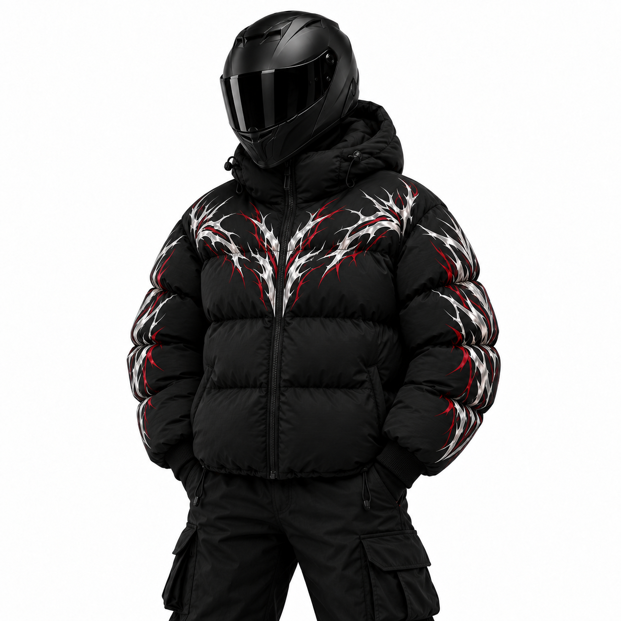 Crimson Thorn Reflective Down Puffer front studio view