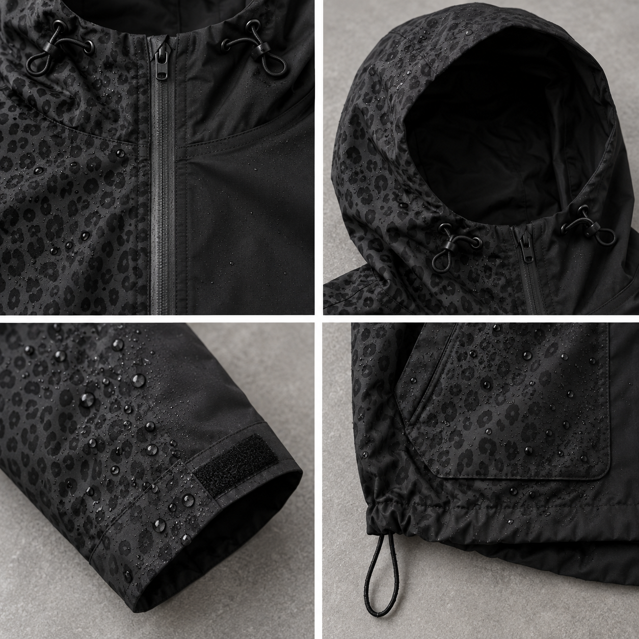Black water-reactive cheetah rain jacket construction details