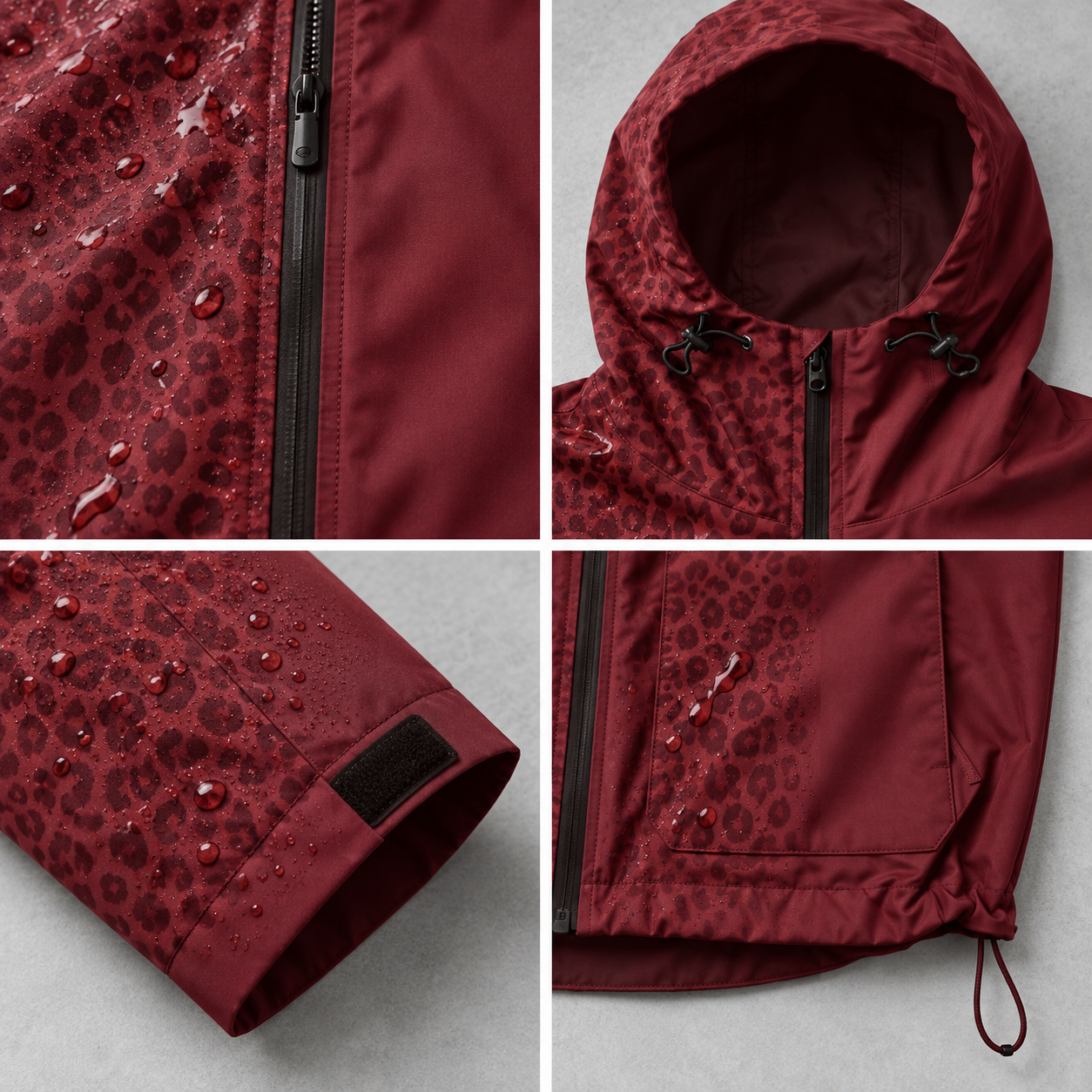 Burgundy water-reactive cheetah rain jacket construction details