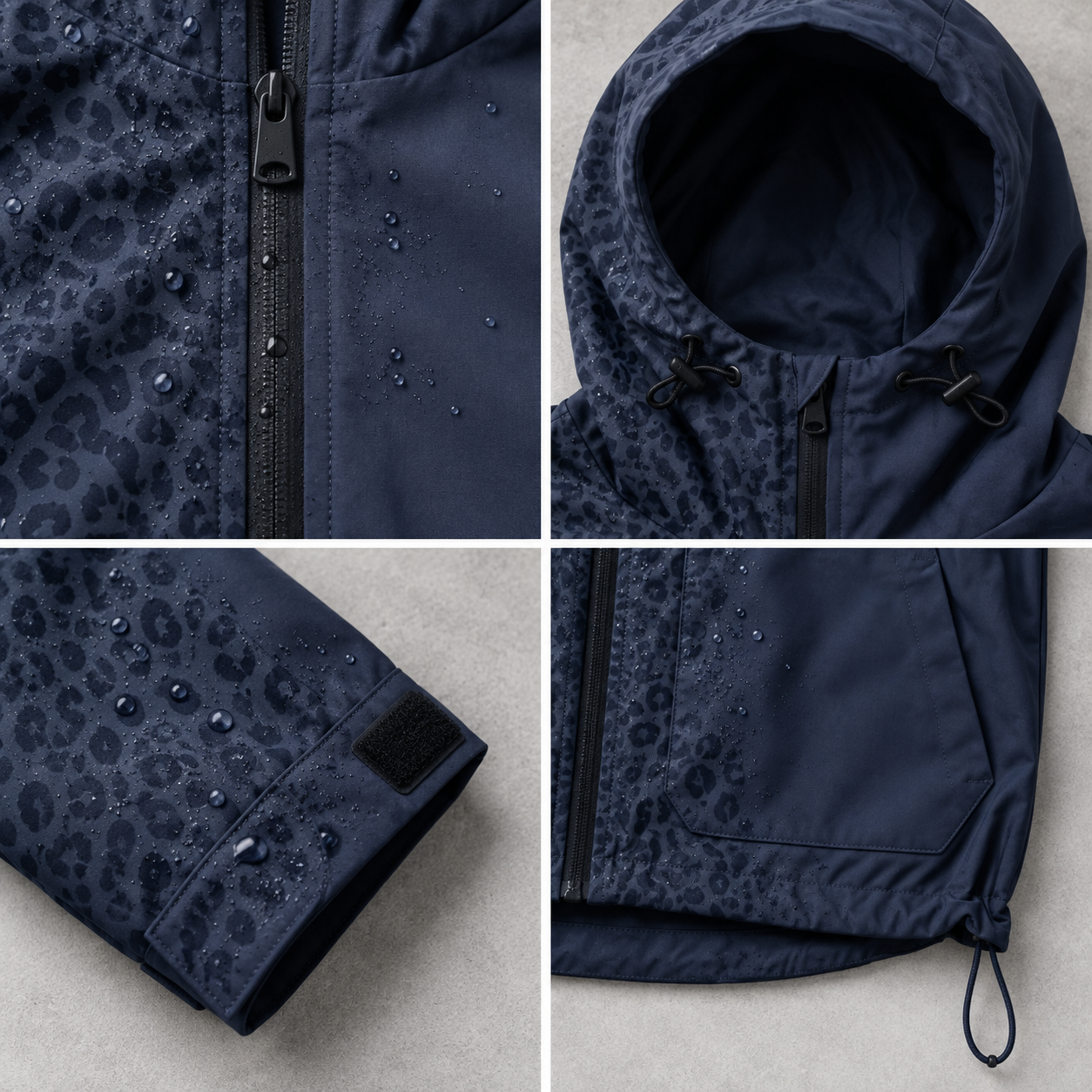 Navy water-reactive cheetah rain jacket construction details