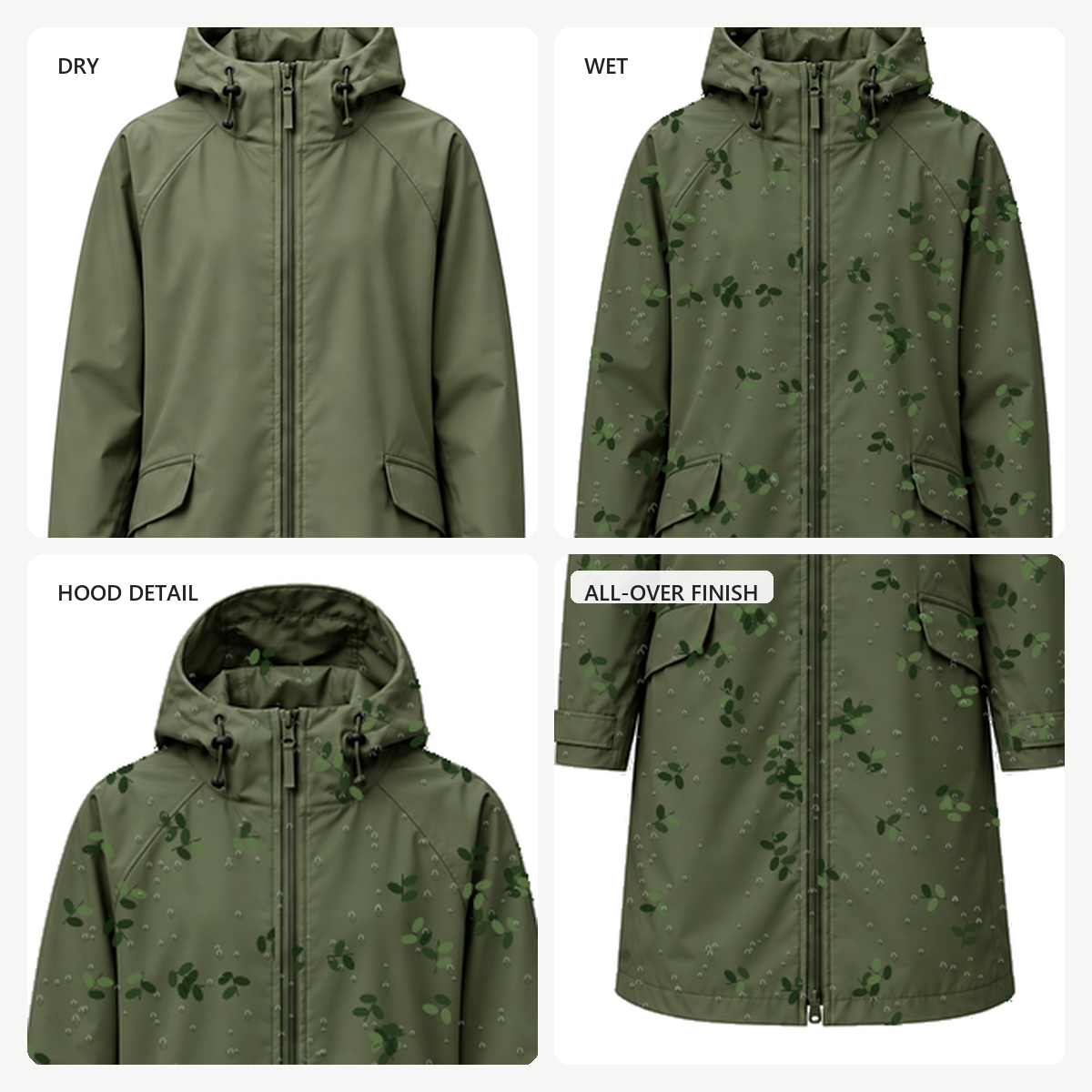 Water-Reactive Botanical Long Raincoat — Olive dry and wet close-up showing the water-reactive finish