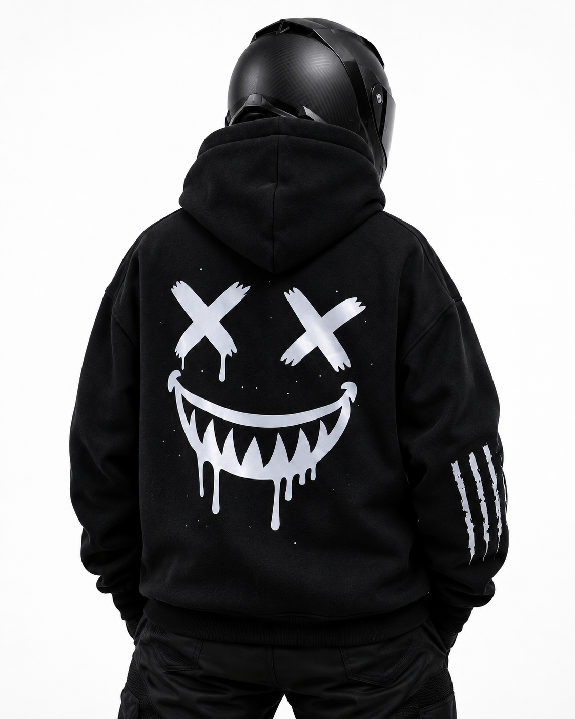 Black reflective smiley motorcycle hoodie back studio view