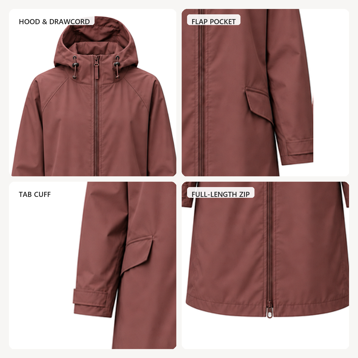 Water-Reactive Petal Long Raincoat — Wine hood, zip, pocket, cuff and hem construction details