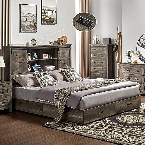 VanAcc Full Size Bed Frame, Wooden Platform Storage Bed with 51.2" Bookcase Headboard, 2 Drawers