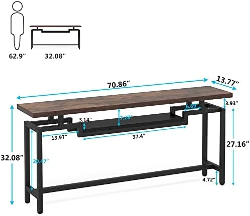 KHBIULIFE 70 inch Sofa Table  Narrow Long Console Table with 2 Tiers  Industiral TV Console Behind Couch Table with  for Entryway  Living Room  Brown