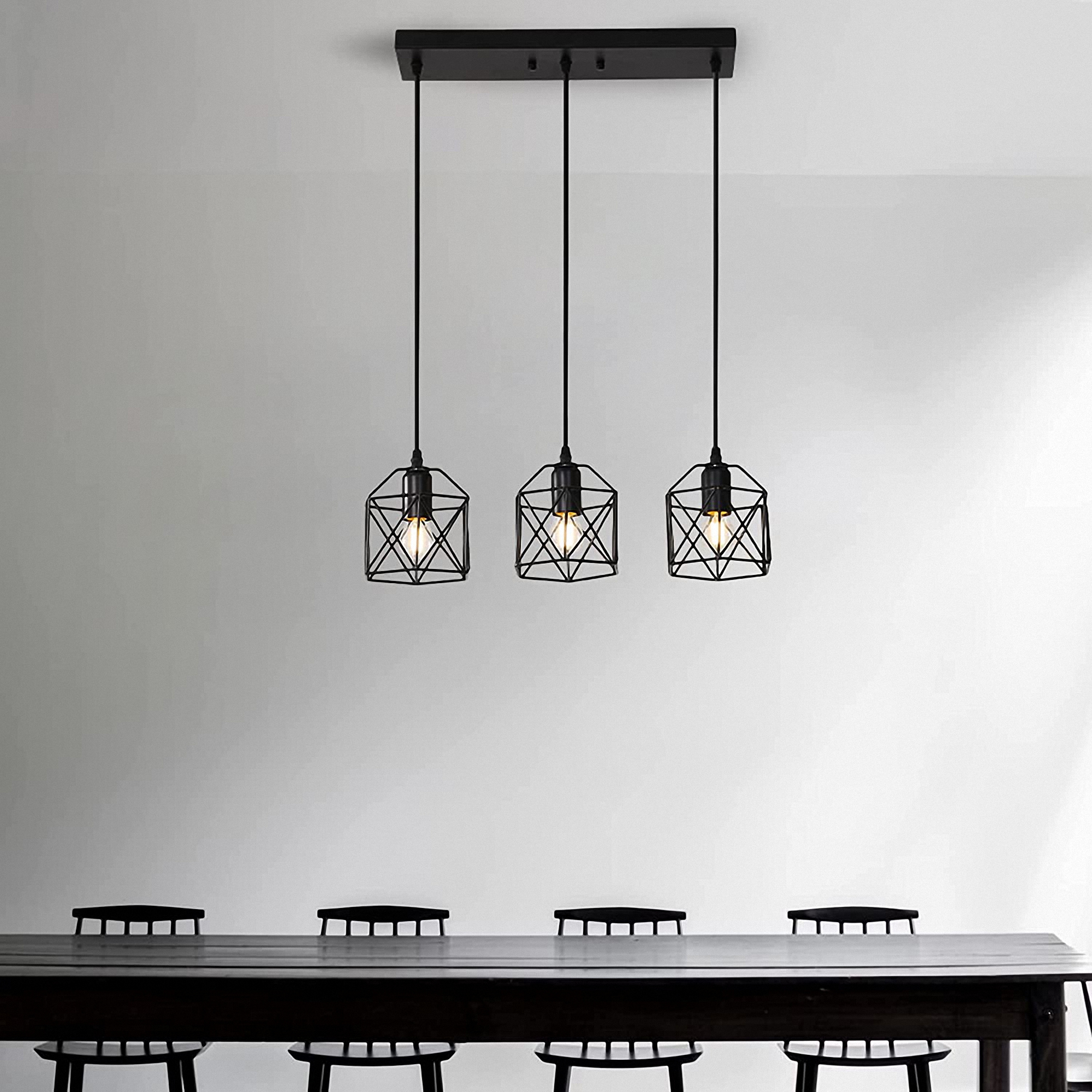 LOHAS 3 Lights Pendant Lighting,Black Finish Cage Vintage Hanging Pendant,for Dinning Room Kitchen Bar Cafe