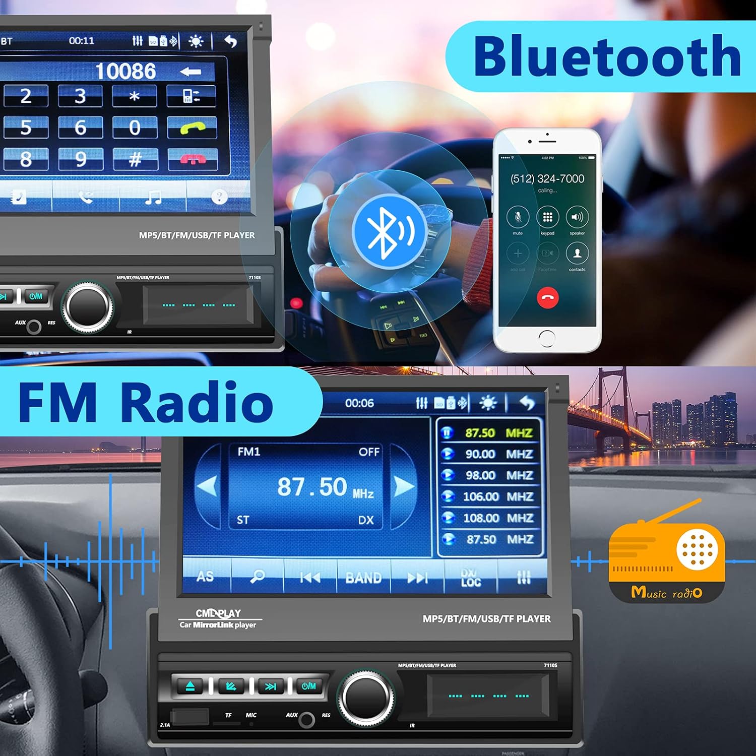 Podofo Single Din Car Stereo Bluetooth 7 Inch Motorized Flip Out Touchscreen Car Radio in Dash Head Unit Support FM AUX USB SD Mirror Link with