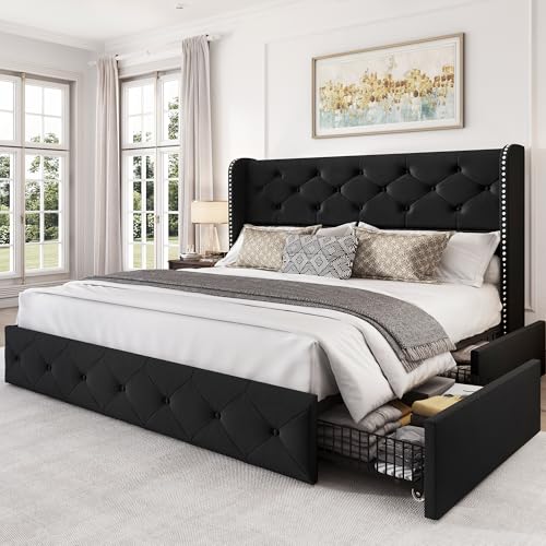King Size Bed Frame with 4 Storage Drawers and Tufted Headboard Linen Upholstered Platform Bed Frame Wingback Beds with Wooden Slats Support