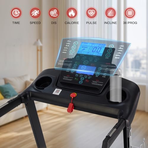 15% Auto Incline Treadmills for Home, 10 MPH Speed, 3.0 HP Foldable Treadmill, 18" Wider Belt, 36 Programs