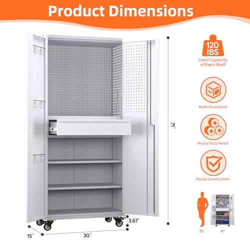 Metal Storage Cabinet with Wheels, 73" H Rolling Garage Cabinets with Locking Doors and Adjustable Shelves for Home Office, Basement, Pantry, Workshop