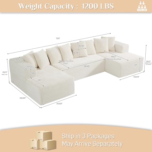 131" Modular Sectional Sofa Cloud Couch, Corduroy Memory Foam Black Sectional Couches for Living Room, Modern Deep Seat Boneless Sofa