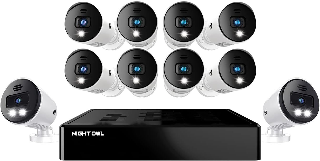 Night Owl Expandable 12 Channel Wired Bluetooth DVR with (8) Wired BNC and (2) Wired IP 4K UHD Spotlight Cameras and 2TB Hard Drive