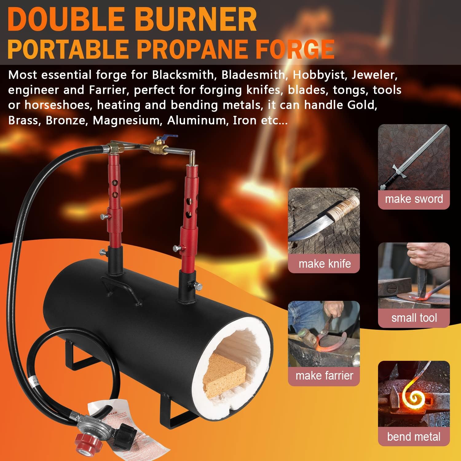 Double Burner Portable Propane Forge Large Capacity (19" x 6.75 x 3.5") Up to 2600&deg;F/1426&deg