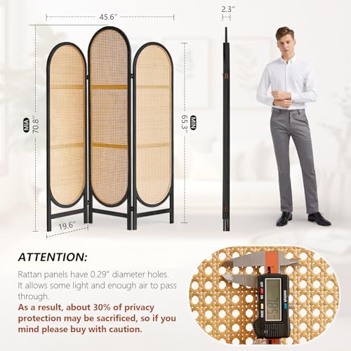 5.9 Ft Tall Hand-Woven Rattan Room Divider 3 Panels, Wood Room Divider Panel, Folding Screen Divider Wall, Wall Divider for Room Separation