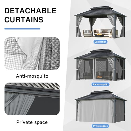 10x10 FT Gazebo Hardtop Gazebo Aluminum Pergola with Aluminum Frame, Double Galvanized Steel Roof
