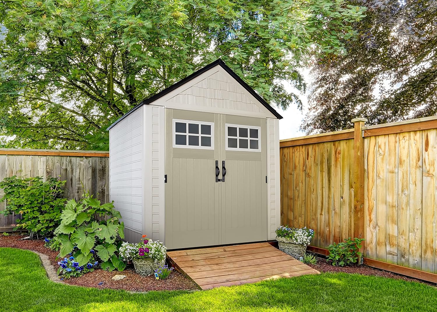 Rubbermaid Resin Outdoor Storage Shed With Floor (7 x 7 Ft), Weather Resistant, Beige/Brown