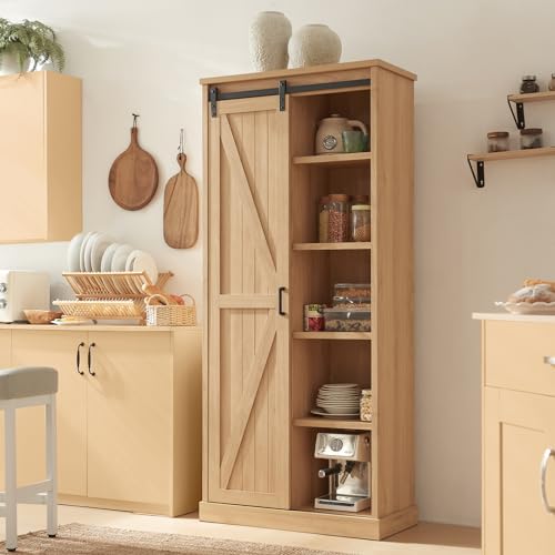 72" Tall Farmhouse Kitchen Pantry with Sliding Barn Door, Large Wood Kitchen Storage Cabinets with Adjustable Shlef