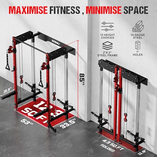 WM3-V4 Folding Squat Rack, Wall Mounted Power Rack with Dual Independent Pulley System