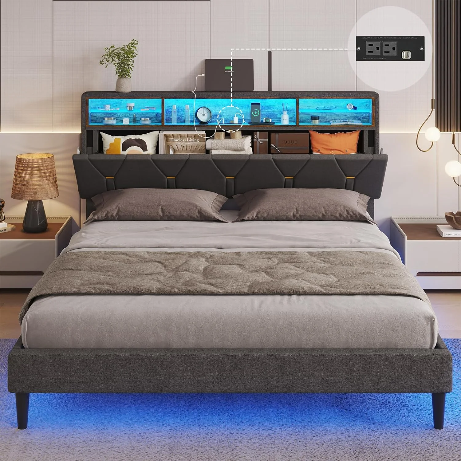 DICTAC Upholstered Platform Bed Frame with Charging Station and LED Bookcase Headboard, Queen Size, Dark Grey