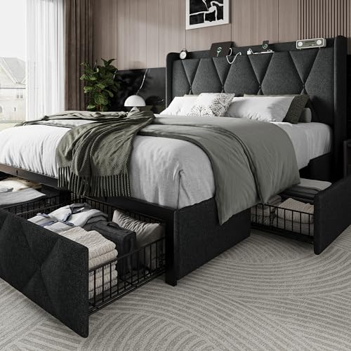 Queen Bed Frame with 4 Storage Drawers and Charging Station, Upholstered Platform Bed Frame with Storage Headboard, No Box Spring Needed
