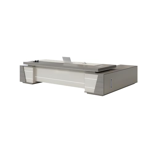 Modern Gray L-Shaped Executive Desk with Cord Management, Modern Workstation Computer Desk with Side Cabinet