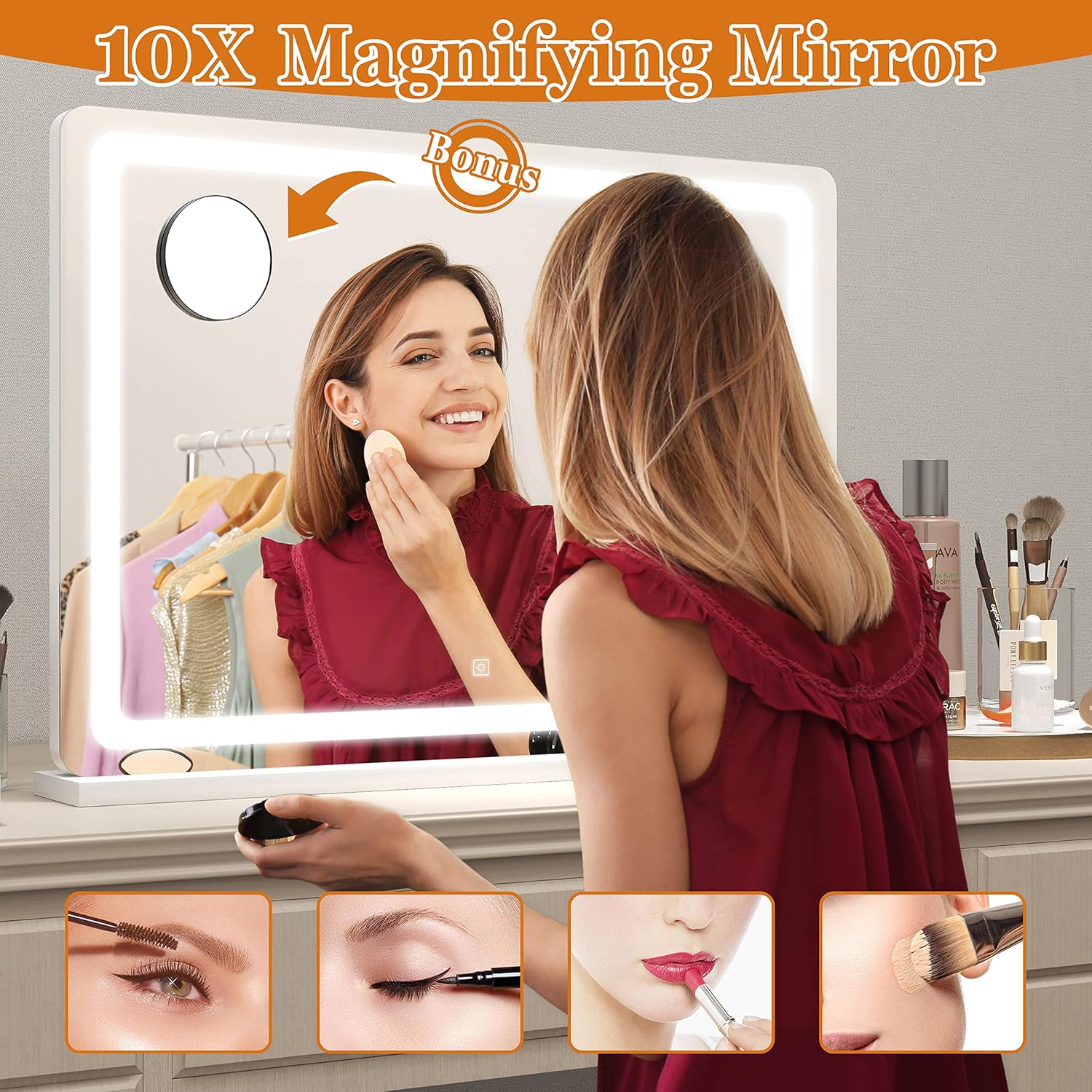 Vierose Large Vanity Mirror with Lights, 31"x 21" Extra Big Makeup Mirror with Light Strip, Oversized Light up Mirror for Desk