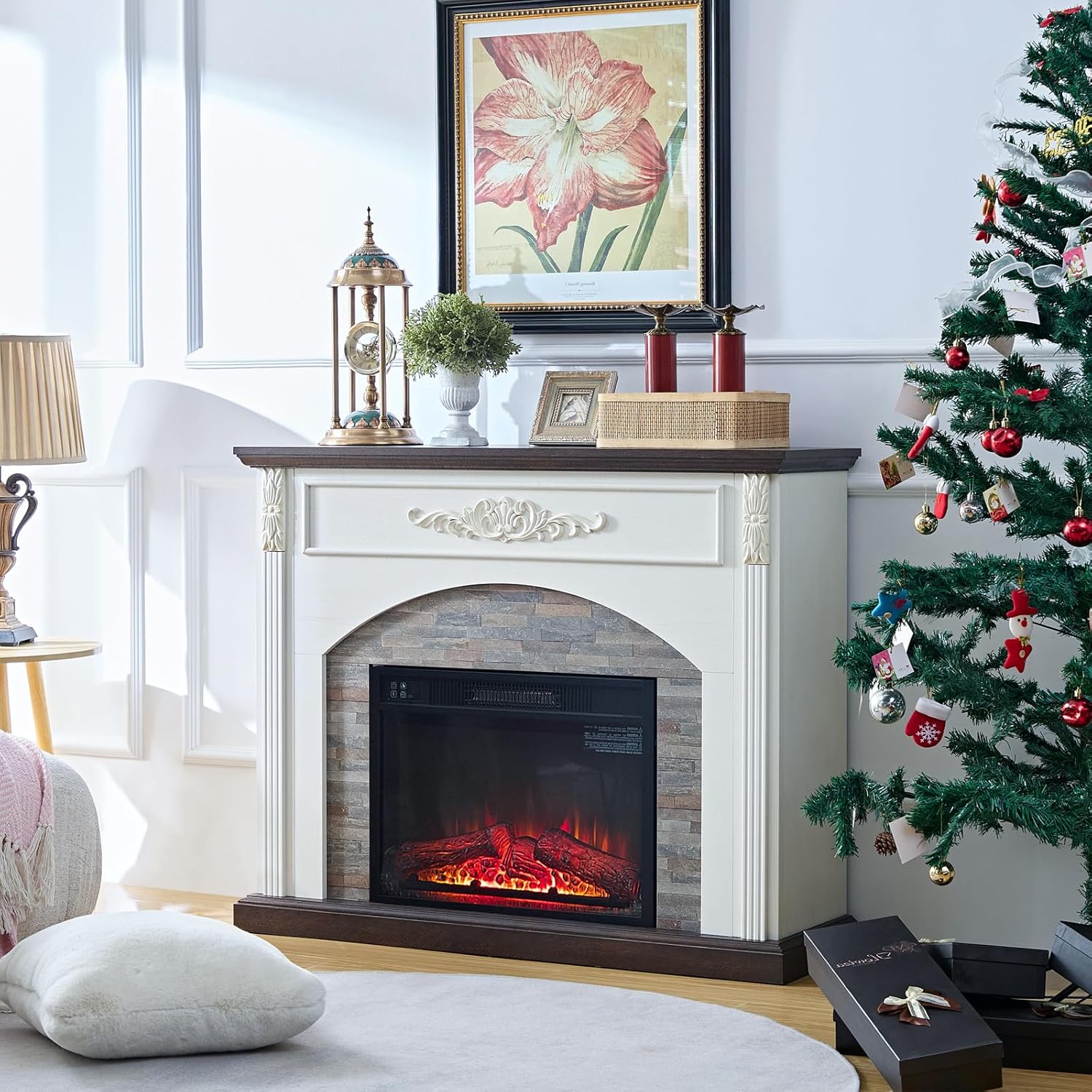 44 Inch Carved Pilasters Electric Fireplace with Mantel, Tall Fire Place Heater Freestanding